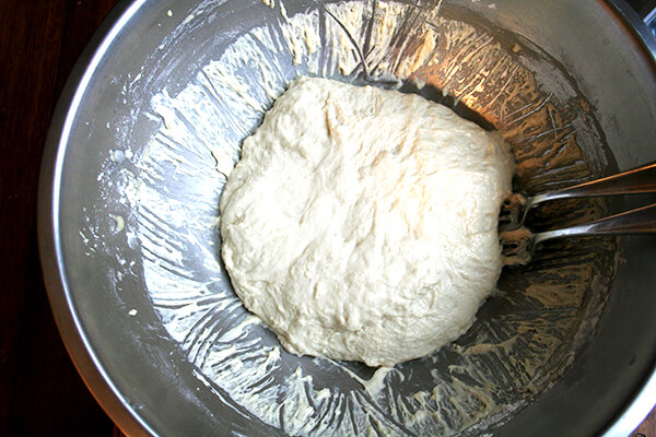 Overhead view of dough, punched down