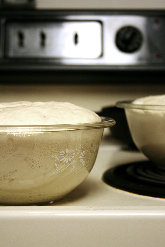 Side view of dough in glass oven-safe baking bowls on top of oven