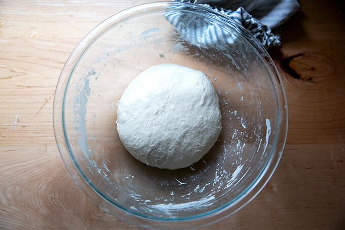 Sourdough ciabatta dough after one set of stretches and folds.