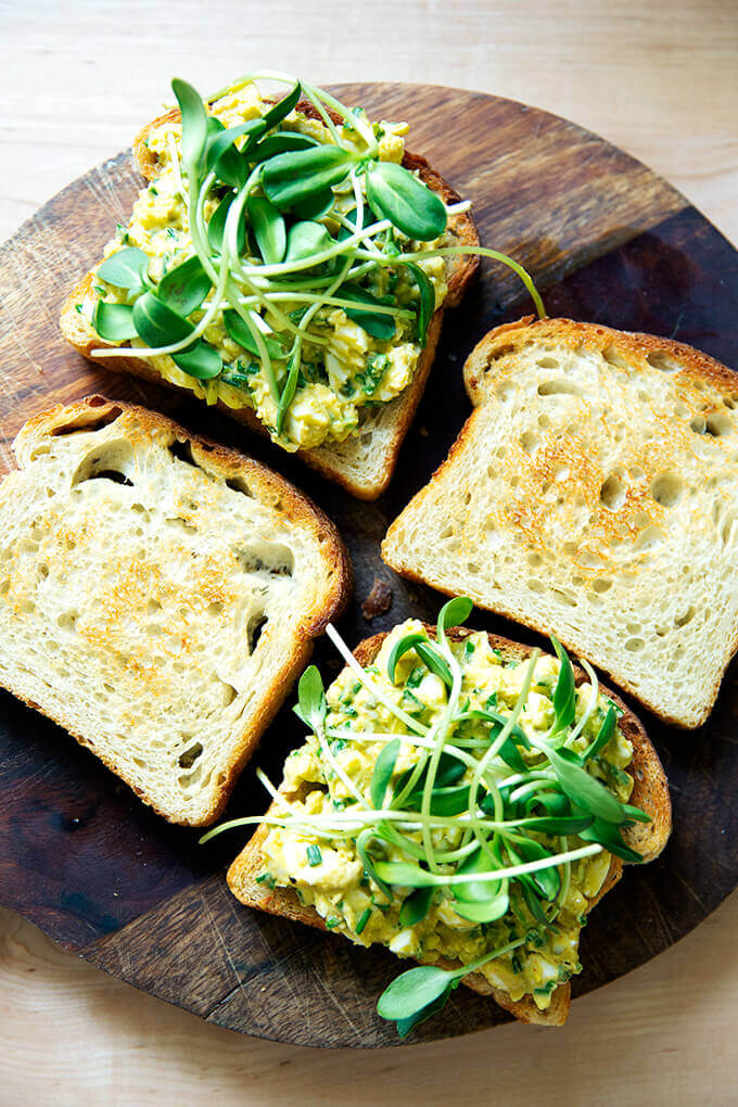 Avocado-egg salad toasts.