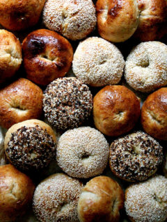 A sheet pan filled with freshly baked bagels.