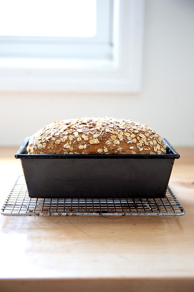 Just-baked oatmeal maple loaf in its loaf pan on a cooling rack.