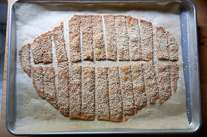 Just baked sourdough crackers on a sheet pan.