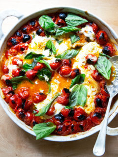 Just-baked feta and tomatoes with basil.