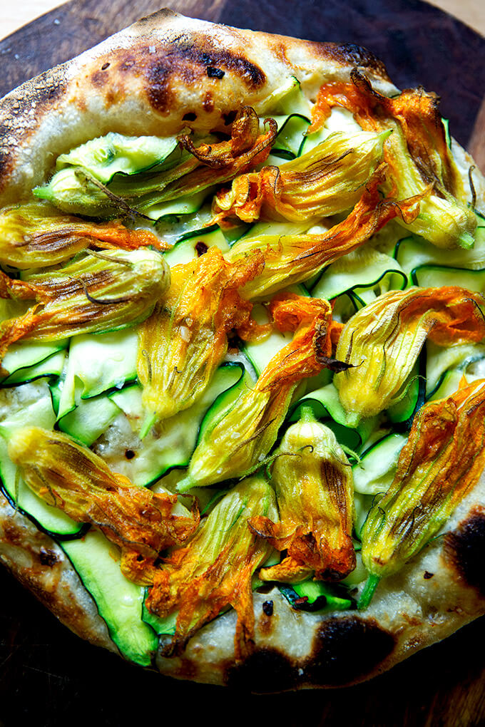 Just baked squash blossom pizza.