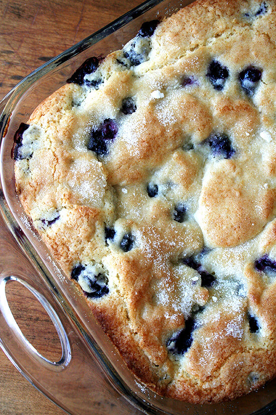 Overhead close-up of breakfast cake in glass baking pan