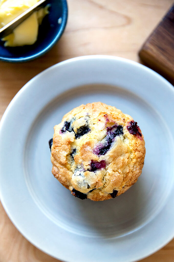 An overhead shot of a lemon blueberry muffin on a plate.