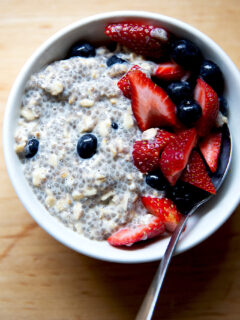 A bowl over overnight chia oats and berries.