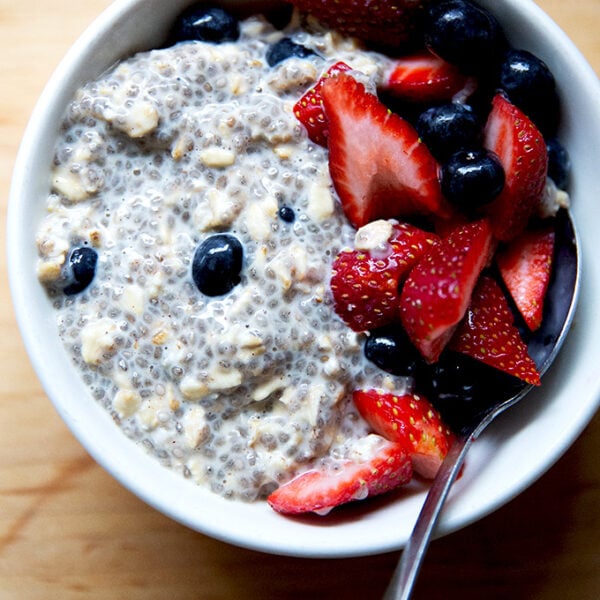 A bowl over overnight chia oats and berries.