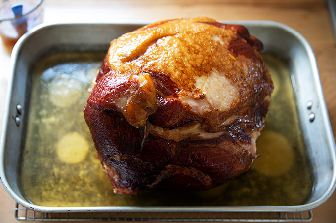A ham glazed with a brown sugar-maple glaze.