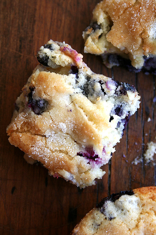 Close-up overhead view of buttermilk blueberry cake