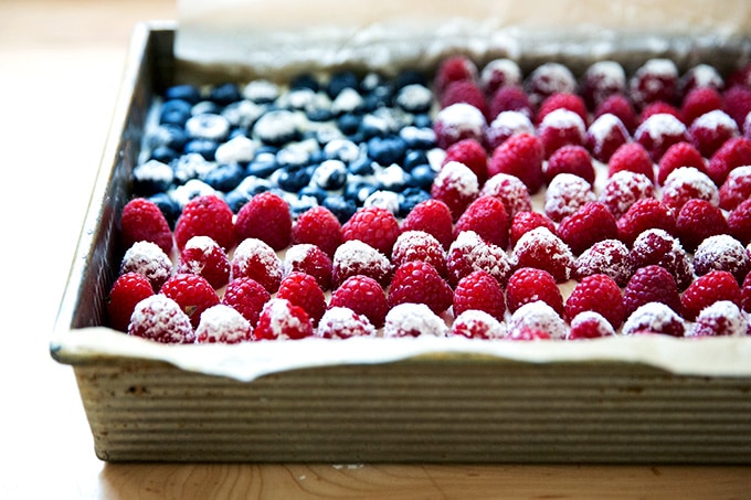 A just-baked flag cake.