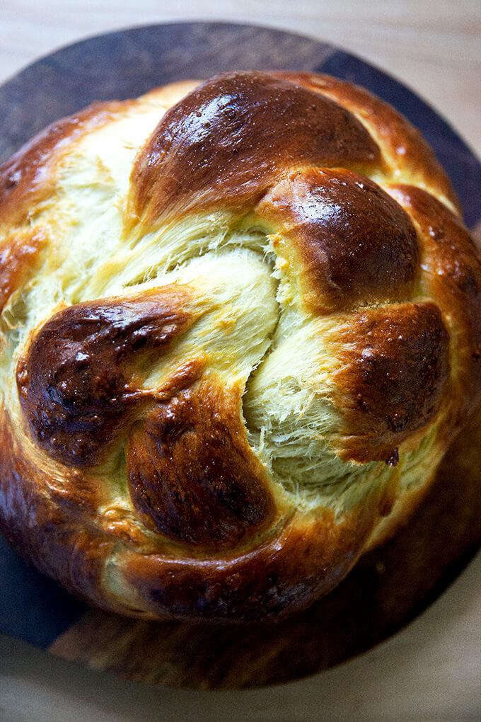 Freshly baked Challah on a board.