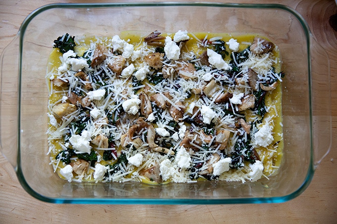 A layer of vegetables and cheese in a vegetable lasagna.