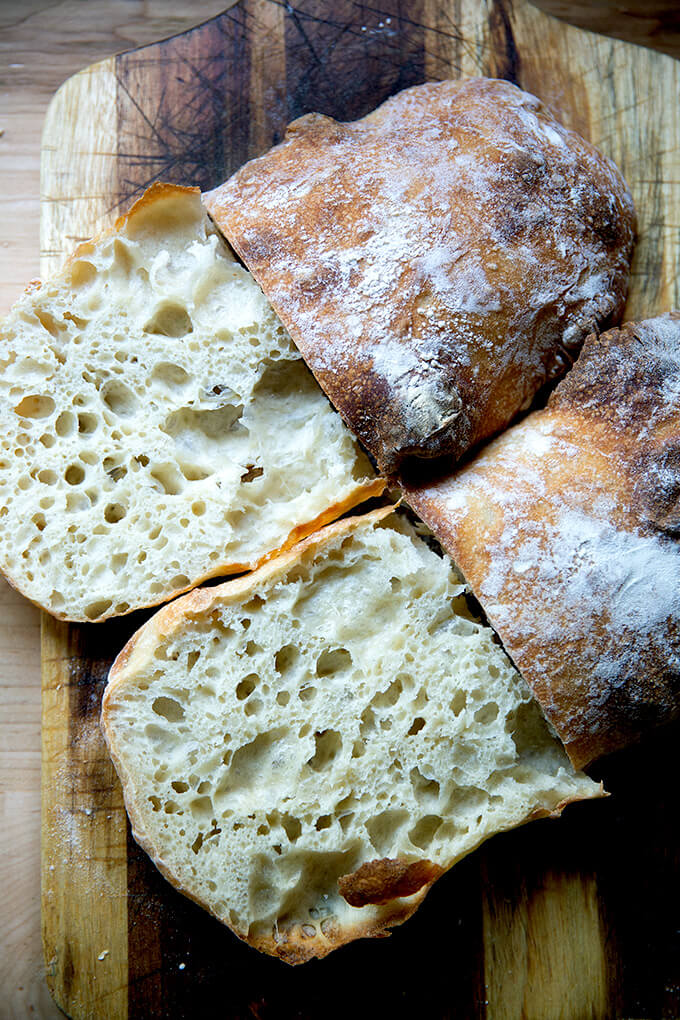 Halved ciabatta bread.