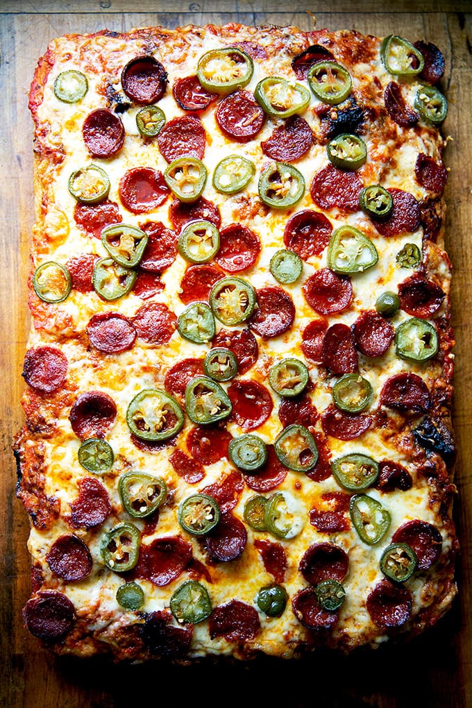 A Sicilian-style pizza topped with pickled jalapeños and pepperoni. 