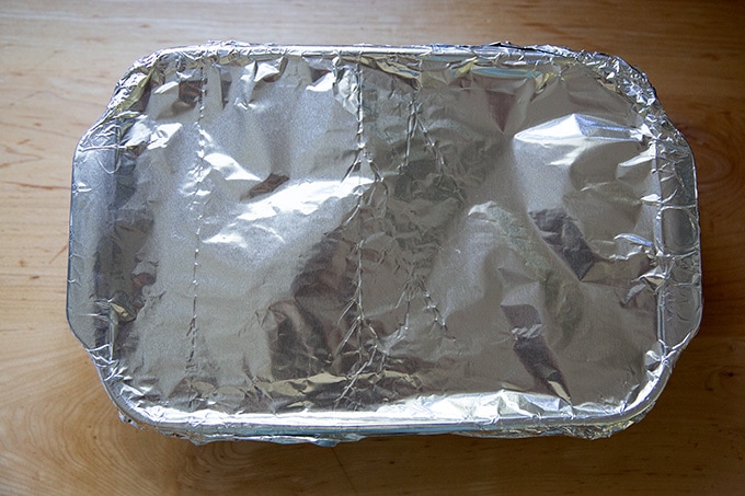 A 9x13-inch pan covered in foil.
