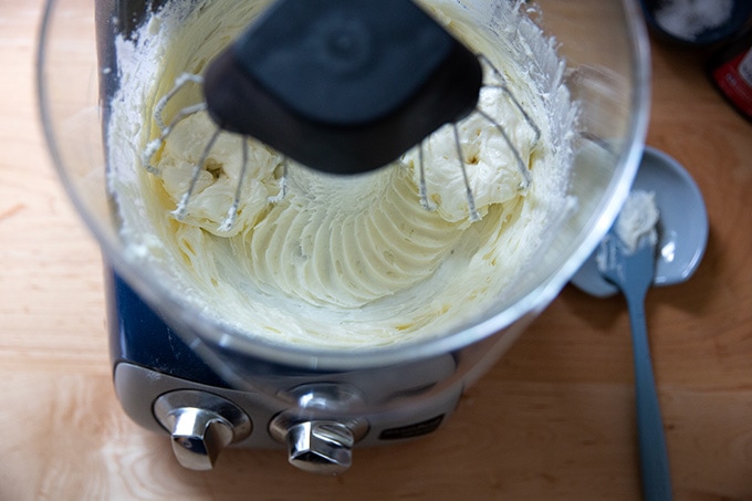 Cream cheese and sugar beaten together in a stand mixer.