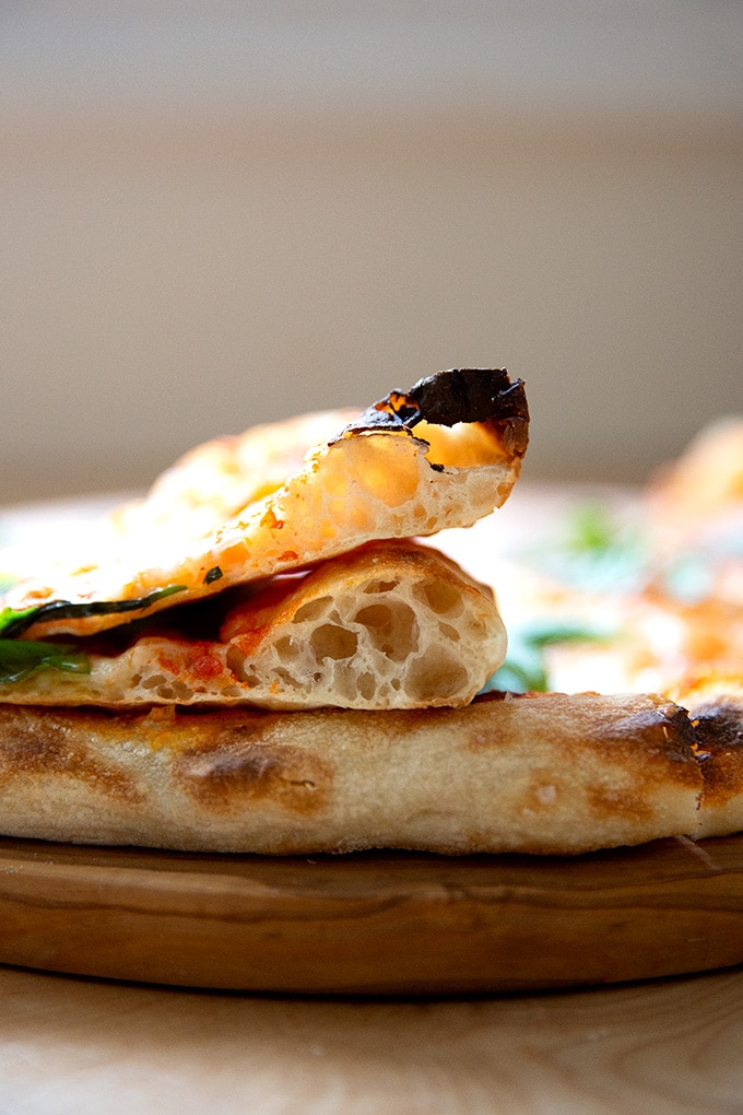 A crumb shot of a just-baked pizza.