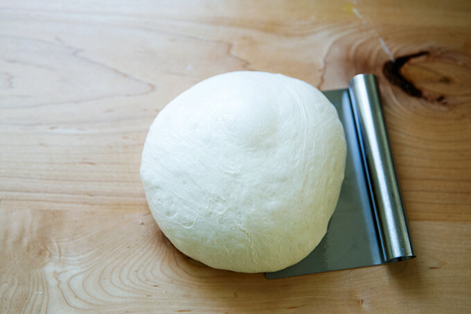 Ciabatta dough shaped into a round.