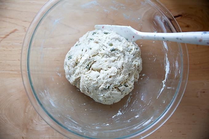 Three seed bread dough all mixed up.
