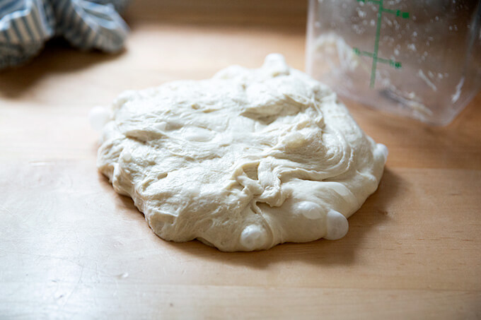 Ciabatta dough on the counter.