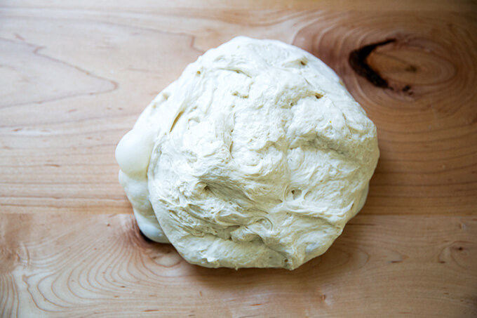 Ciabatta dough on the counter ready to be shaped.