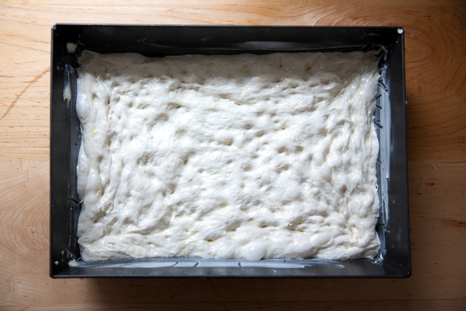 A proofed, Detroit-style pizza dough ready for the oven.