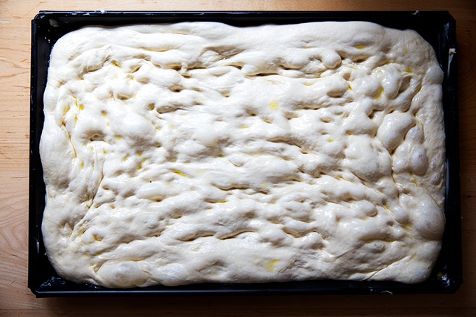 A sheet pan of Sicilian-style pizza dough ready to be baked.