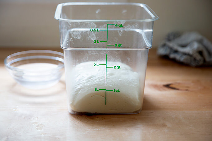 Ciabatta dough in a 4-qt container ready to rise.