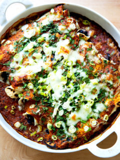 Just-baked black bean and cheese enchiladas.