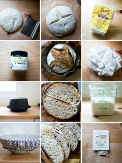 A montage of images that together amount to essential tools for sourdough bread baking.