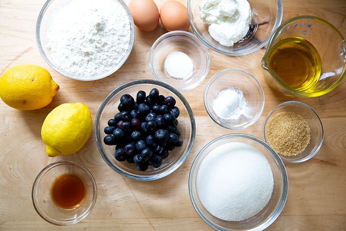 Ingredients to make lemon-blueberry quick bread on a counter top.