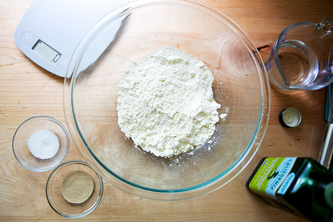 Ingredients to make pita bread on a counter.