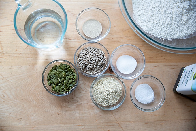 The ingredients to make three seed bread.