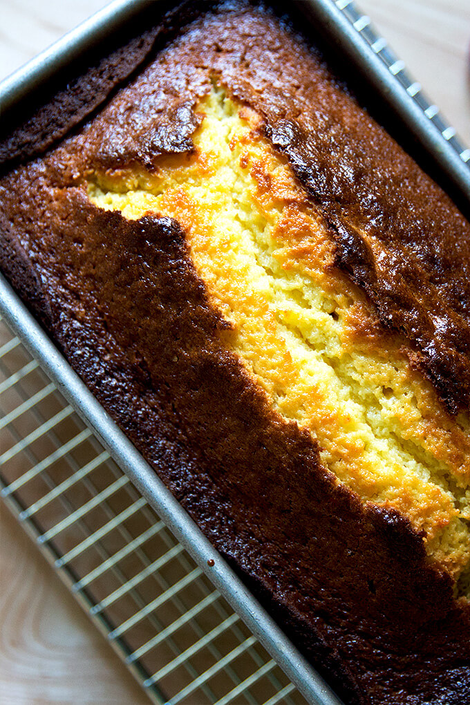 just-baked orange-ricotta pound cake — this is a one-bowl cake, flavored with orange zest and orange liqueur, made with butter (as opposed to oil). It stays moist for days and makes a wonderful gift.