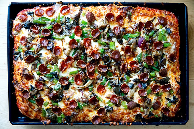 Just-baked Sicilian-style pizza still in the pan.