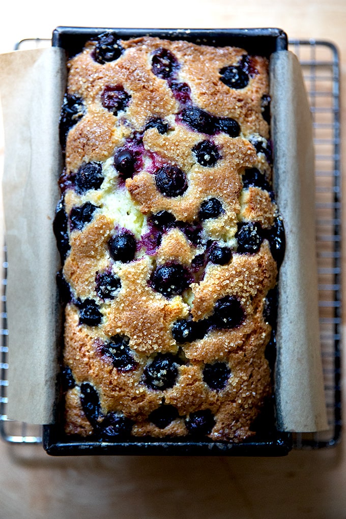 Just-baked lemon-blueberry quick bread on a cooling rack.