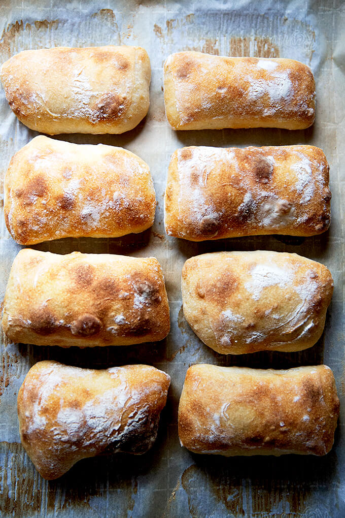 Just-baked sourdough ciabatta rolls on a sheet pan.