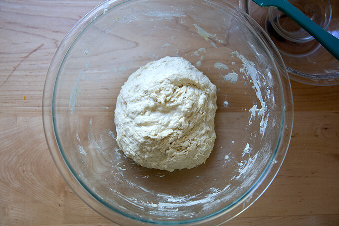 Mixed ciabatta dough in a bowl.