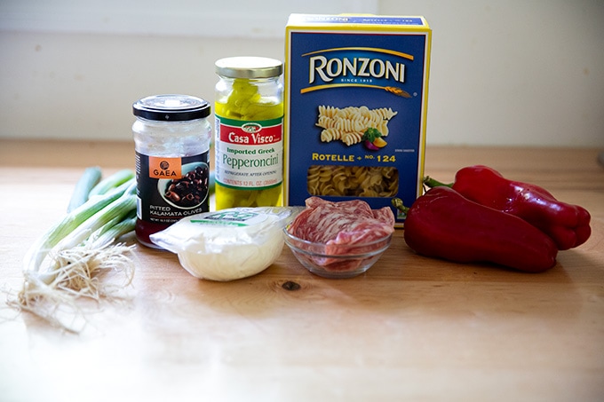 Ingredients to make deli-style pasta salad.