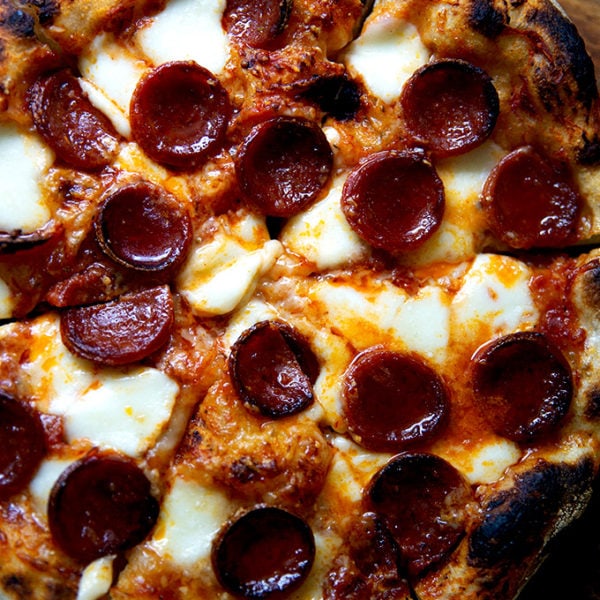 Just-baked pepperoni pizza.