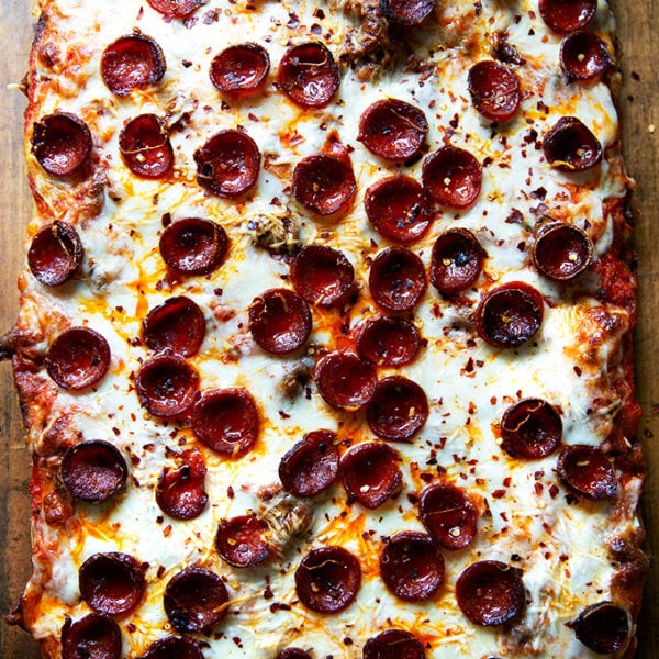 Just-baked Sicilian-style pepperoni pizza.