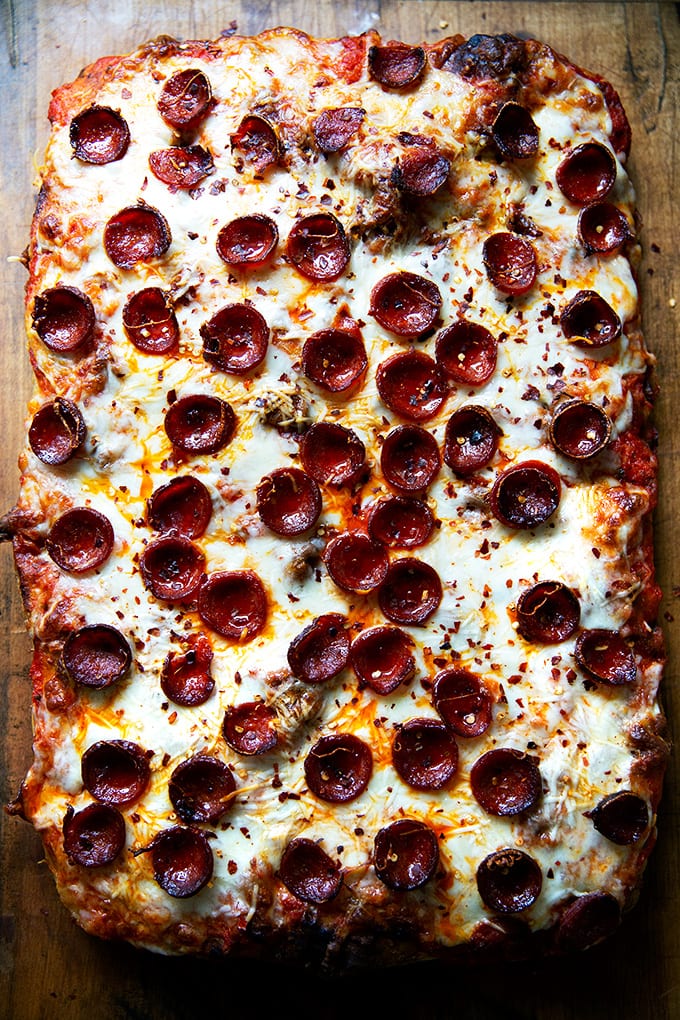 Just-baked Sicilian-style pepperoni pizza.