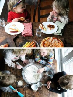 A montage of images of children eating and making skillet pizza.