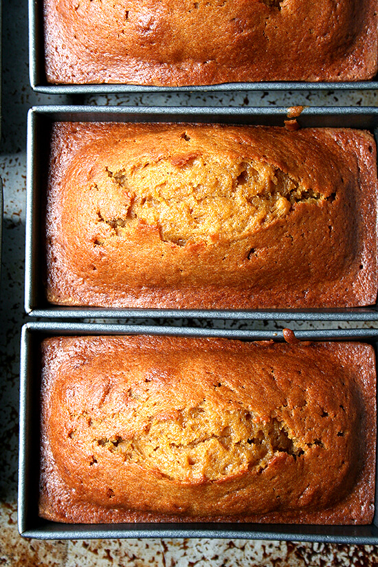 Three mini loaf pans filled with just-baked pumpkin bread. 