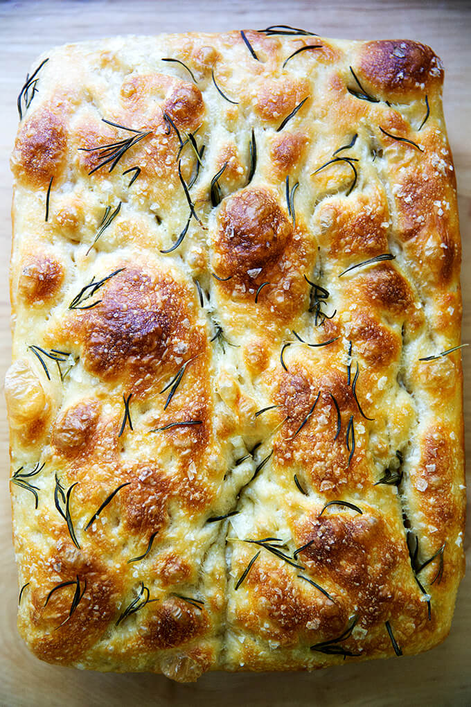 A just baked loaf of rosemary focaccia. 