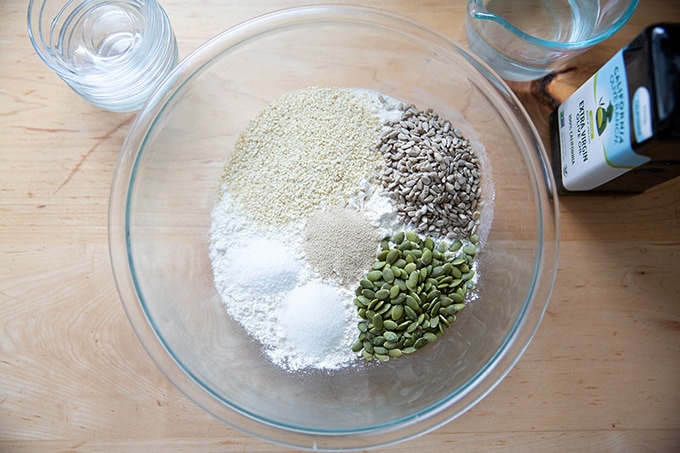 The ingredients to make three seed bread.