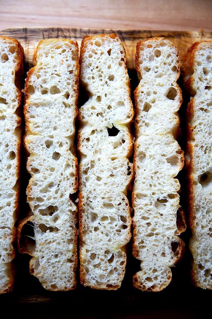 A crumb shot of freshly baked focaccia.