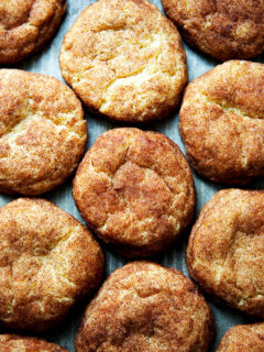Just baked brown butter snickerdoodles on a sheet pan.
